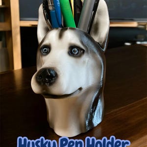 Husky Pen Holder – Hand Painted Dog Bust Desk Organizer – Siberian Husky Figurine Statue Gift – Cute Office Decor for Dog Lovers