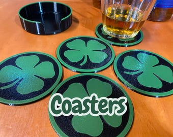 Lucky Four-Leaf Clover Coaster Set with Holder – 5 Black & Green Drink Coasters with Caddy – St. Patrick’s Day Home Decor - Irish Shamrock