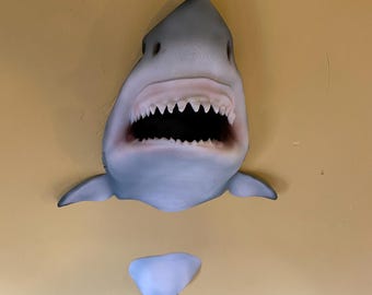 Great White Shark Wall Art – Two-Piece Sculpture, Hand-Painted Airbrush Jaws-Inspired Decor, Swimming Through Wall Ocean Art