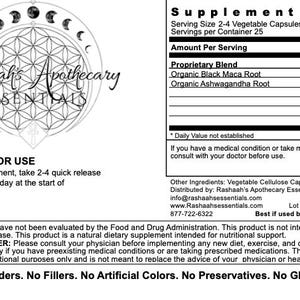 May include: A black and white image of a flower of life mandala with the text "Rashaah's Apothecary Essentials" in a stylized font. The image is accompanied by a product label with the title "Supplement Facts" and a list of ingredients, including Organic Black Maca Root and Organic Ashwagandha Root. The label also includes directions for use and a legal disclaimer.