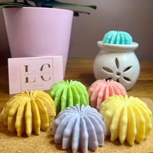 Puede incluir: Una colección de velas decorativas y coloridas con forma de cactus. Las velas son de color amarillo, verde, rosa y azul. En el fondo hay una pequeña maceta de cerámica blanca con una vela turquesa. También se ve una tarjeta de visita con el texto "Lizzie's Candles".