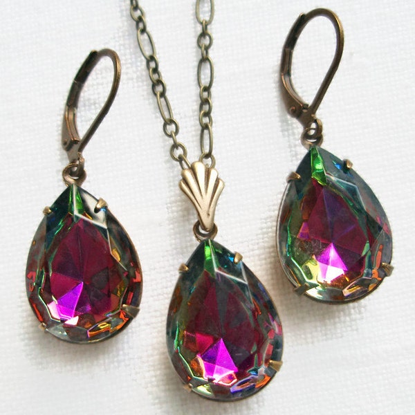 Gifts Under 50 Rainbow Crystal Jewelry Neckace Earrings Holiday Party Set CAMBRIDGE Volcano