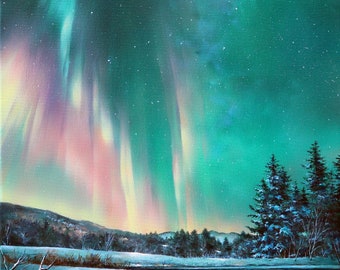 Northern Lights Giclee Print, Winter Landscape Art, Vermont