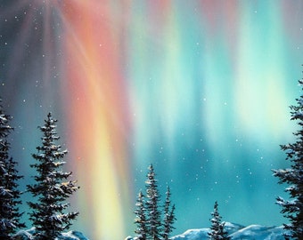 Aurora Borealis Fine Art Giclee Print Of My Original Canada Northern Lights Painting, Gift for him, Starry Night Sky Decor.