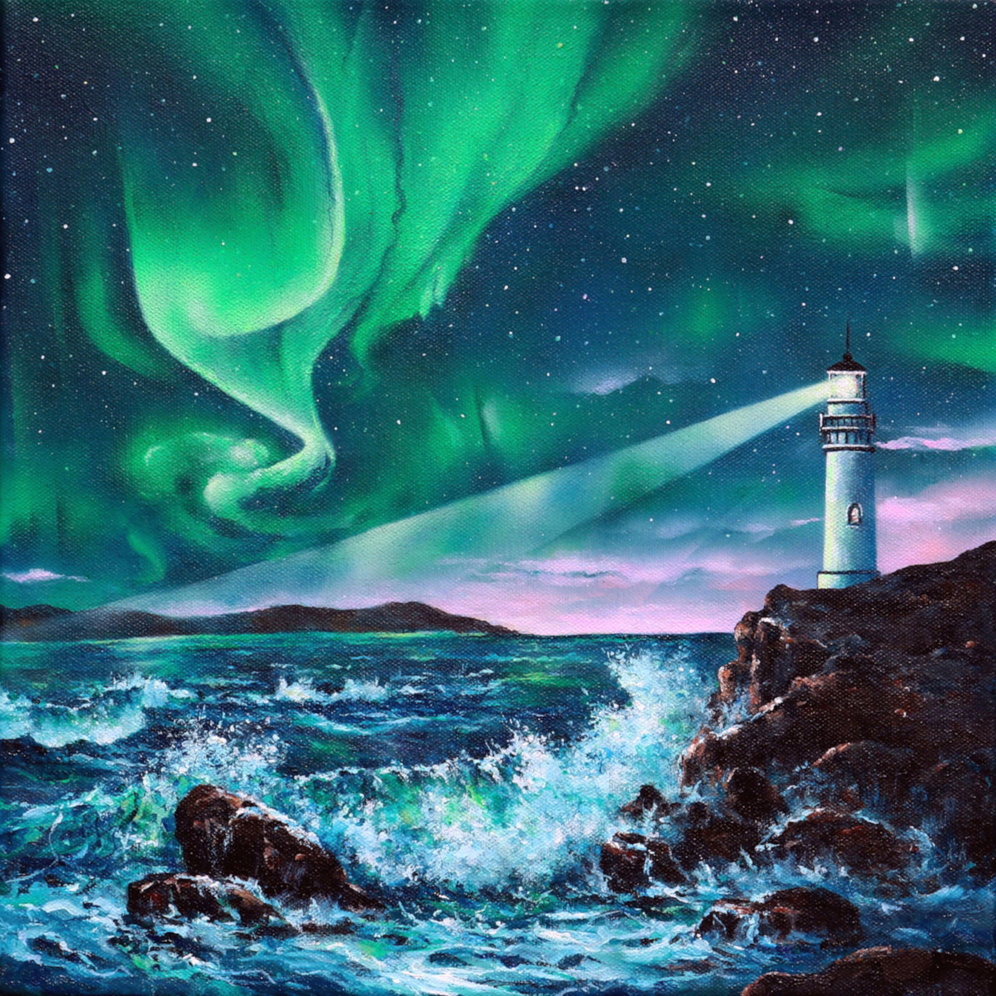絵画 Aurora Aurora Borealis Lighthouse Art Print, Northern Lights Ocean