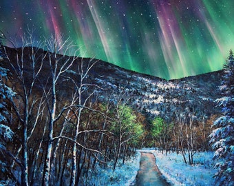 Northern Lights Giclee Print, Birch Tree Winter Landscape, Debora Everett Art