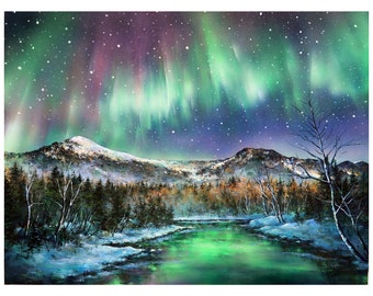 Northern Lights Giclee Print Of My Original Canada Aurora Borealis Painting, Winter Mountain Landscape, Northern Sky Art, Galaxy Wall Art.