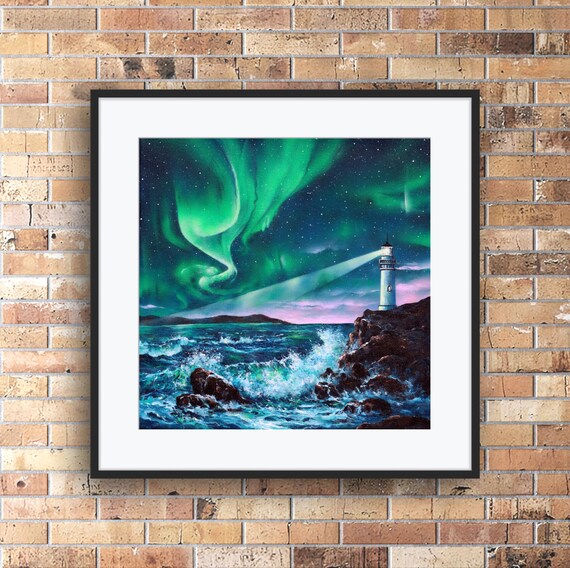 Aurora Borealis Lighthouse Art Print, Northern Lights Ocean