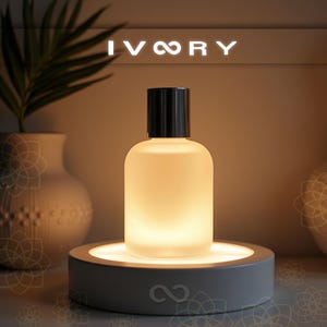 May include: A frosted glass bottle with a silver lid sits on a white circular base with a glowing light underneath. The base has the infinity symbol in the center. The text "IVORY" is displayed above the bottle.