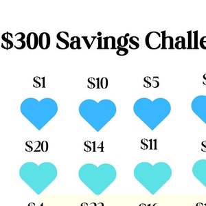 May include: A visual representation of a $300 savings challenge. The image shows a grid of 12 blue and turquoise hearts with dollar amounts written above each heart. The amounts are $1, $10, $5, $9, $20, $14, $11, $7, $4, $22, $16, and $12.