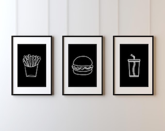 Fast Food Art Prints: Minimalist Burger, Fries, Soda Sketch (Set of 3) (Digital Download)