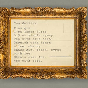 Set di 4 stampe artistiche con ricette di cocktail vintage su cartolina: Old Fashioned, Martini, Manhattan, Tom Collins - Arredamento da bar retrò, download immediato