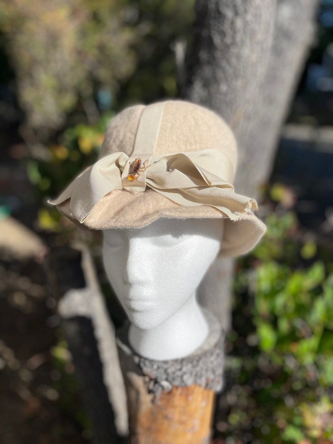 Cream Wool Felt Hat With Grosgrain Ribbon and Tiny Amber Etsy