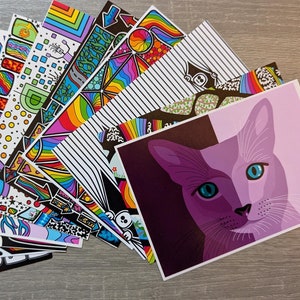 Set di 4 cartoline, set di carte, stampa artistica, vari motivi doodle,