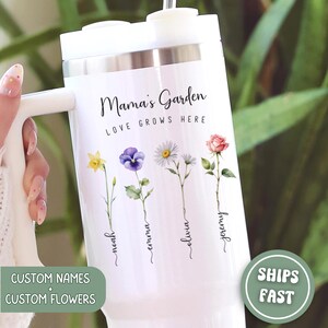 Personalized Mama’s Garden Tumbler Custom Birth Flower & Kids Names 40 oz Tumbler with Handle, Mother’s Day Birthday Christmas Gift for Mom