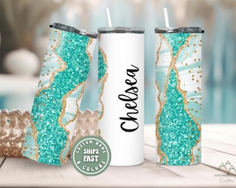 Personalized Agate Marble Tumbler with Name, Custom Glitter Name Cup, 20oz Skinny Tumbler with Straw