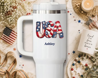 Personalized Patriotic Tumbler with Name, Custom USA Cup, American Flag Gift, Patchwork 40oz Tumbler with Handle