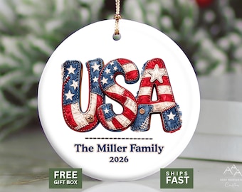 Personalized Patriotic Family Ornament, Custom USA Christmas Keepsake, American Flag Decor, Family Name Gift, Patriotic Keepsake