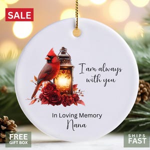 Memorial Cardinal Ornament – Custom In Loving Memory Keepsake – Red Cardinal with Lantern & Roses