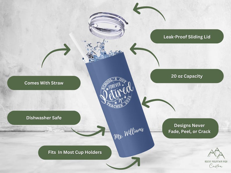 May include: A blue tumbler with a white straw and lid. The tumbler has the text "SCHOOL'S OUT FOREVER Retired TEACHER 2025" and "Ms. Williams". It holds 20 oz and is dishwasher safe. Designs never fade, peel, or crack.