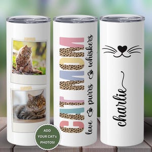 Custom Cat Photo Gift – Personalized Cat Mom Tumbler with Pet Name – BOHO Leopard Print – Cute Gift for Cat Lovers or Pet Loss
