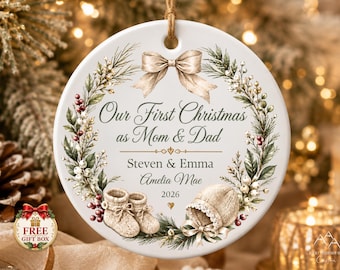Adorno familiar personalizado, adorno para padres primerizos, regalo para padres primerizos en la primera Navidad del bebé, adorno para la primera Navidad de una familia de 3 como mamá y papá.