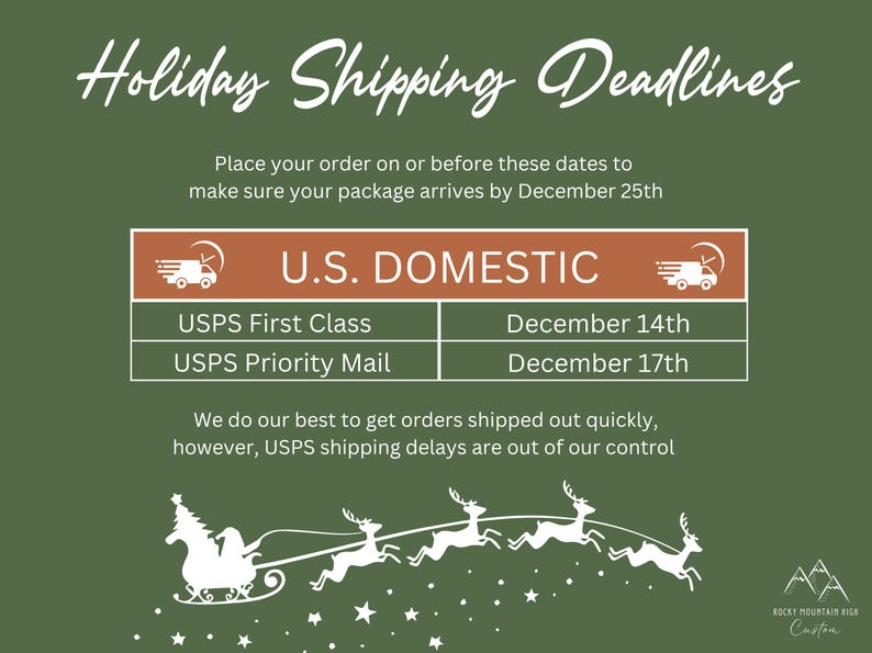 Puede incluir: Un gr&aacute;fico informativo de color verde oliva titulado Holiday Shipping Deadlines. Enumera la fecha l&iacute;mite de USPS First Class el 14 de diciembre y USPS Priority Mail el 17 de diciembre. Una silueta blanca de un trineo con renos aparece abajo.