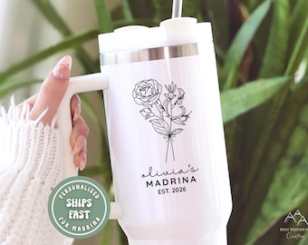 Personalized Madrina Tumbler – Custom 40 oz Tumbler with Name Birth Flower Est Year Will You Be My Madrina Gift Spanish Baptism Proposal Cup