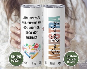 MAESTRA Tumbler with Name – Bilingual Spanish Teacher Gift – Personalized Teacher Appreciation Cup – Custom Quote – End of Year Gift