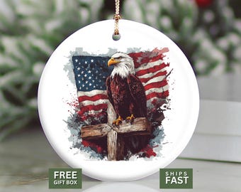 Patriotic Christian Ornament, Eagle Cross American Flag Christmas Ornament, Veteran Gift, USA Pride Keepsake