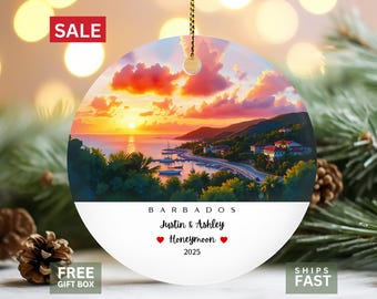 Barbados Ornament, Personalized Barbados Honeymoon or Engagement Keepsake, Caribbean Travel Memory
