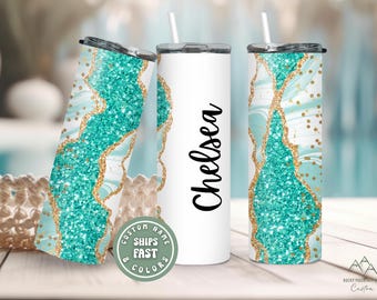 Personalized Agate Marble Tumbler with Name, Custom Glitter Name Cup, 20oz Skinny Tumbler with Straw