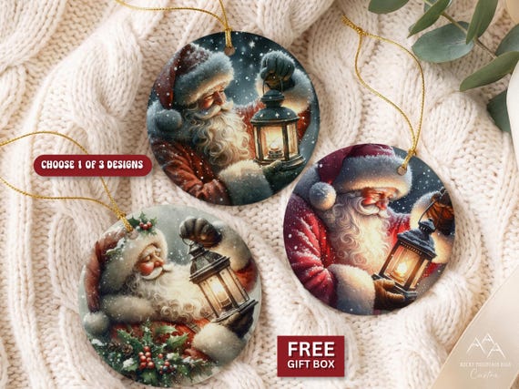 Vintage Style Santa Ornament, Santa Holding Lantern Ceramic Christmas Ornament, Old World Father Christmas Keepsake