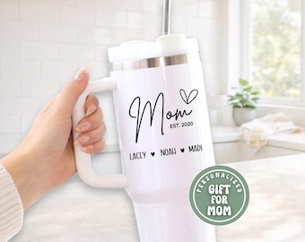 Mom Gift, Custom Kids Names & EST Year, Personalized 40oz Tumbler with Handle, Mother’s Day Gift