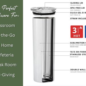 May include: A stainless steel tumbler with a sliding lid, designed for hot and cold beverages. Features include a BPA-free lid, silica gel O-ring, and double-wall vacuum insulation. The tumbler keeps drinks hot for 3 hours and cold for 9 hours. Text on the image says "The Perfect Drinkware For: Classroom, On-the-Go, At Home, Cafeteria, Break Room, Gift-Giving."