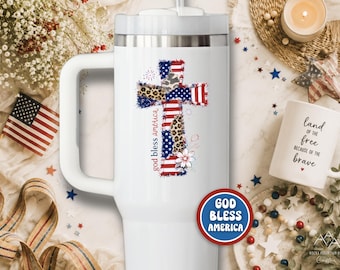 God Bless America Tumbler, Patriotic Patchwork Cross Cup, Christian 4th of July Gift, 40oz Tumbler with Handle