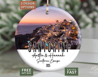 Santorini Ornament, Greece Travel Keepsake, Honeymoon or Engagement Trip Gift, Santorini Skyline Christmas Ornament