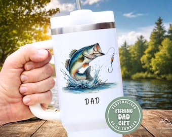 Fishing Dad Gift, Personalized Bass Fishing 40oz Tumbler with Handle, Gift for Dad Fisherman