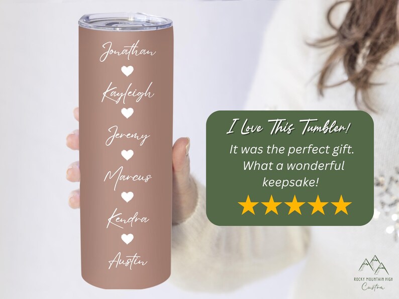 May include: A rose gold stainless steel tumbler with six names and hearts printed in white. The names are Jonathan, Kayleigh, Jeremy, Marcus, Kendra, and Austin. The tumbler is being held by a person's hand. The text "I Love This Tumbler! It was the perfect gift. What a wonderful keepsake!" is printed on a green background with five gold stars below the text. The text "Rocky Mountain Fig Custom" is printed below the stars.