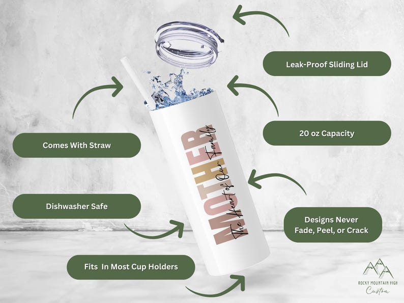 May include: A white 20 ounce stainless steel tumbler with a sliding lid and a straw. The tumbler features a pink, beige, and brown design with the text "MOTHER The Heart of Our Family".