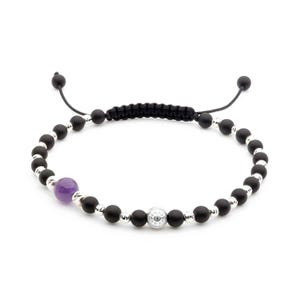 Handmade Black Onyx and Amethyst Beaded Bracelet | Silver Custom Elements | Adjustable String Bracelet for Men | Luxury Boho Jewelry