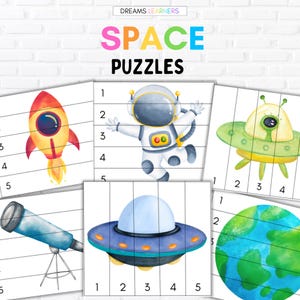 May include: Colorful space-themed puzzles featuring a rocket, astronaut, UFO, telescope, planet Earth, and a blue and purple spaceship. The word "SPACE" is in pink, green, and blue, and the word "PUZZLES" is in black.