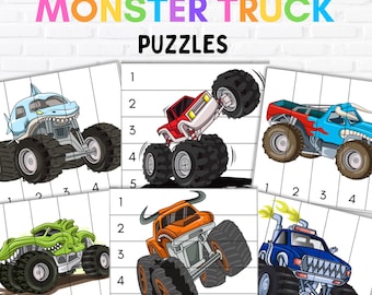 May include: Colorful monster truck puzzles featuring various designs, including a shark, a red truck, a blue truck, a green truck, an orange truck, and a blue truck. Each puzzle has a grid with numbers 1-5. The text "MONSTER TRUCK PUZZLES" is at the top.
