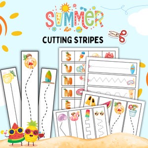 May include: A summer-themed educational activity sheet with the words "SUMMER" and "CUTTING STRIPES". The sheet features illustrations of a watermelon, pineapple, and other summer items. Includes cutting practice lines for children to follow with scissors.