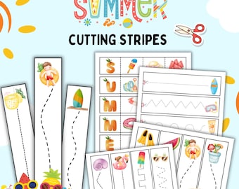 Summer Cutting Strips: Preschool Scissor Skills Practice (PDF Downloadable Printable Worksheets)