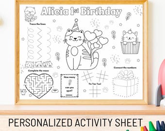 Personalized Kitty Cat Birthday Coloring Page: Kids Party Activity (Digital Download)