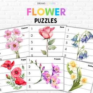May include: Flower puzzles featuring watercolor illustrations of various flowers, including cosmos, rose, poppy, freesia, and daffodil. Each puzzle has numbered lines for easy assembly. The text "DREAMS LEARNERS" and "FLOWER PUZZLES" are visible.