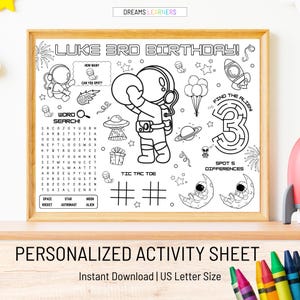 Pagina da colorare personalizzata per il compleanno nello spazio: attività per feste nello spazio (download PDF)