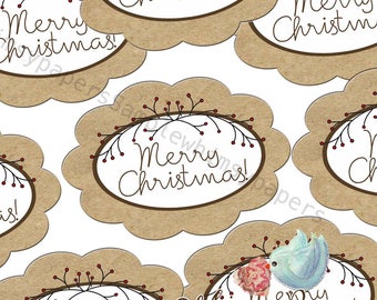 Christmas Labels, Merry Christmas Stickers, Scalloped Oval Stickers - set of 50