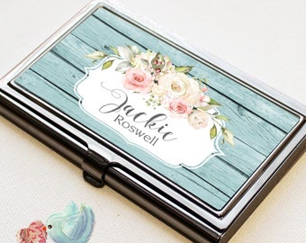 Personalized Business Card Holder with Blush Pink Roses